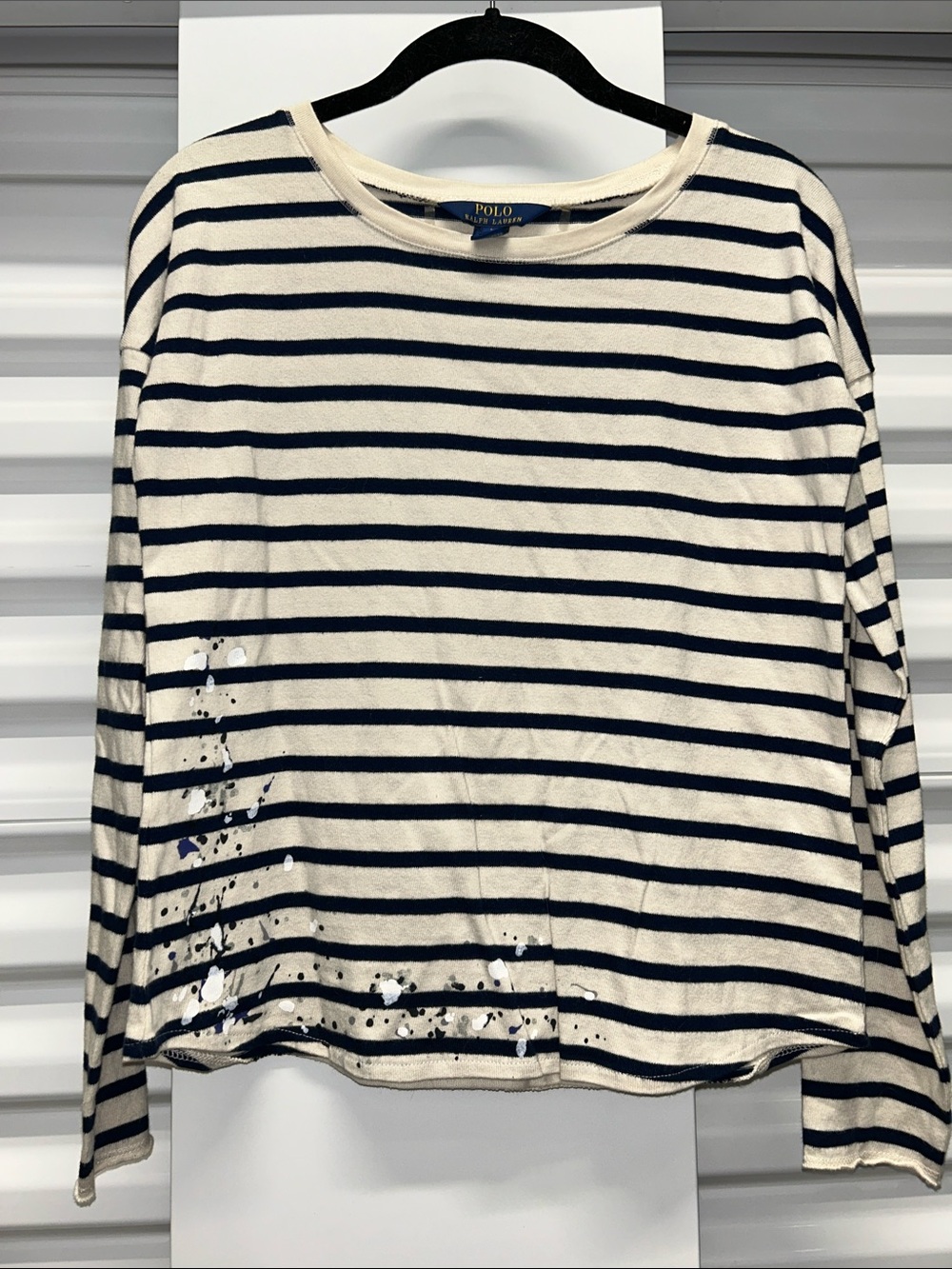 Polo by Ralph Lauren Navy and Cream Striped Long Sleeve Tee with Paint Detail